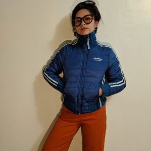 Blue puffer jacket with turtle neck